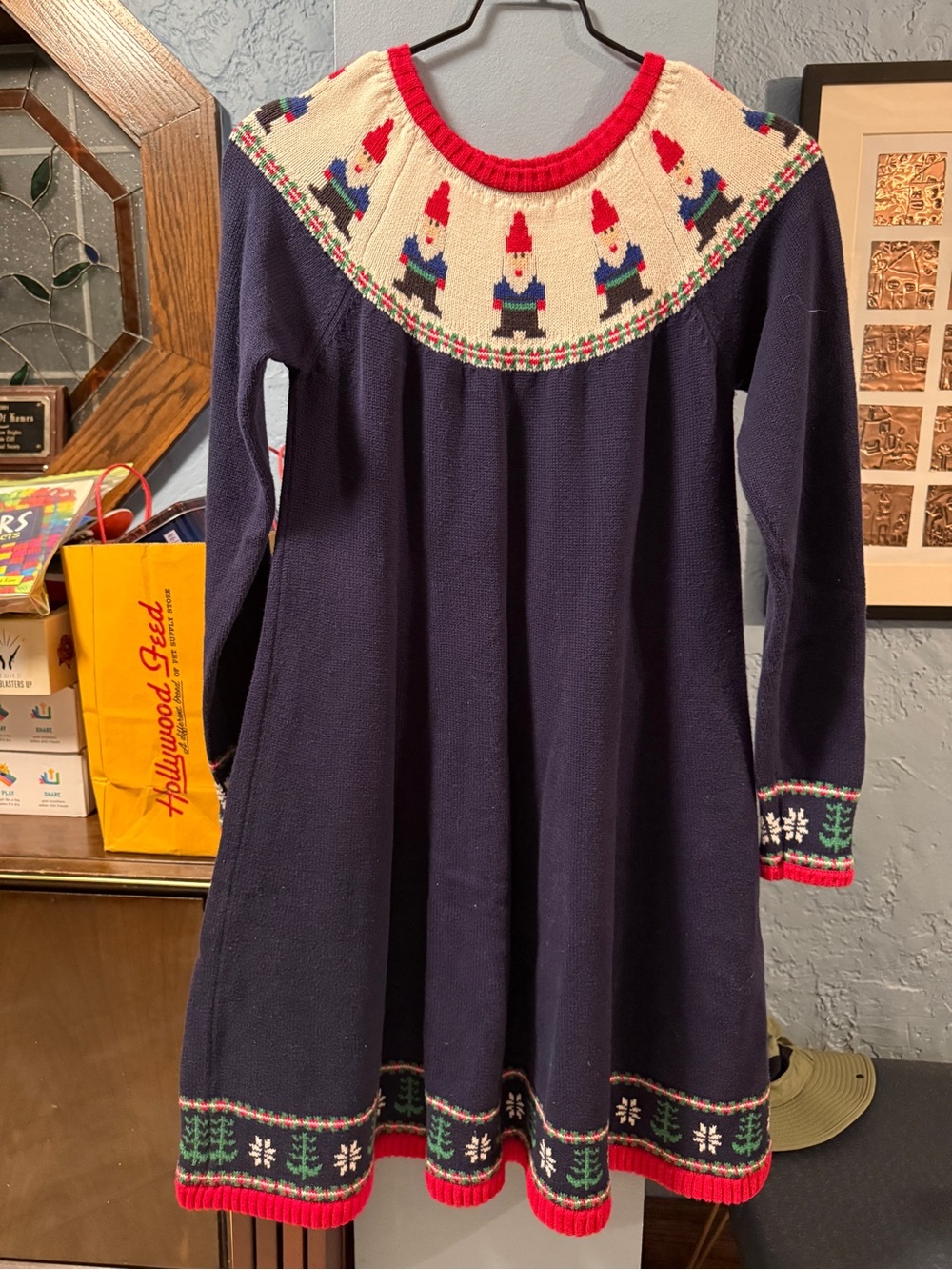 Hanna Andersson Girls 16 Navy Knit Holiday Dress with Gnome Yoke
